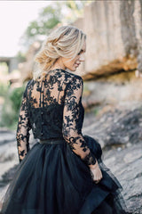 A-line Round Neck Lace Tulle Long Sleeves Wedding Dresses Plus Size With Train