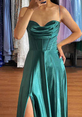 A-line Silk like Emerald Green Satin Prom Dresses 2024 Ruched Pleated