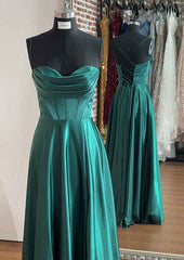 A-line Silk like Emerald Green Satin Prom Dresses 2024 Ruched Pleated