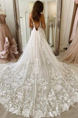 A-line Straps Long Ivory Tulle Bridal Wedding Dress with Lace TN330