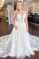 A-line Straps Long Ivory Tulle Bridal Wedding Dress with Lace TN330