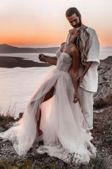 Romantic A-Line Sweetheart Ivory Tulle Beach Wedding Dresses with Slit