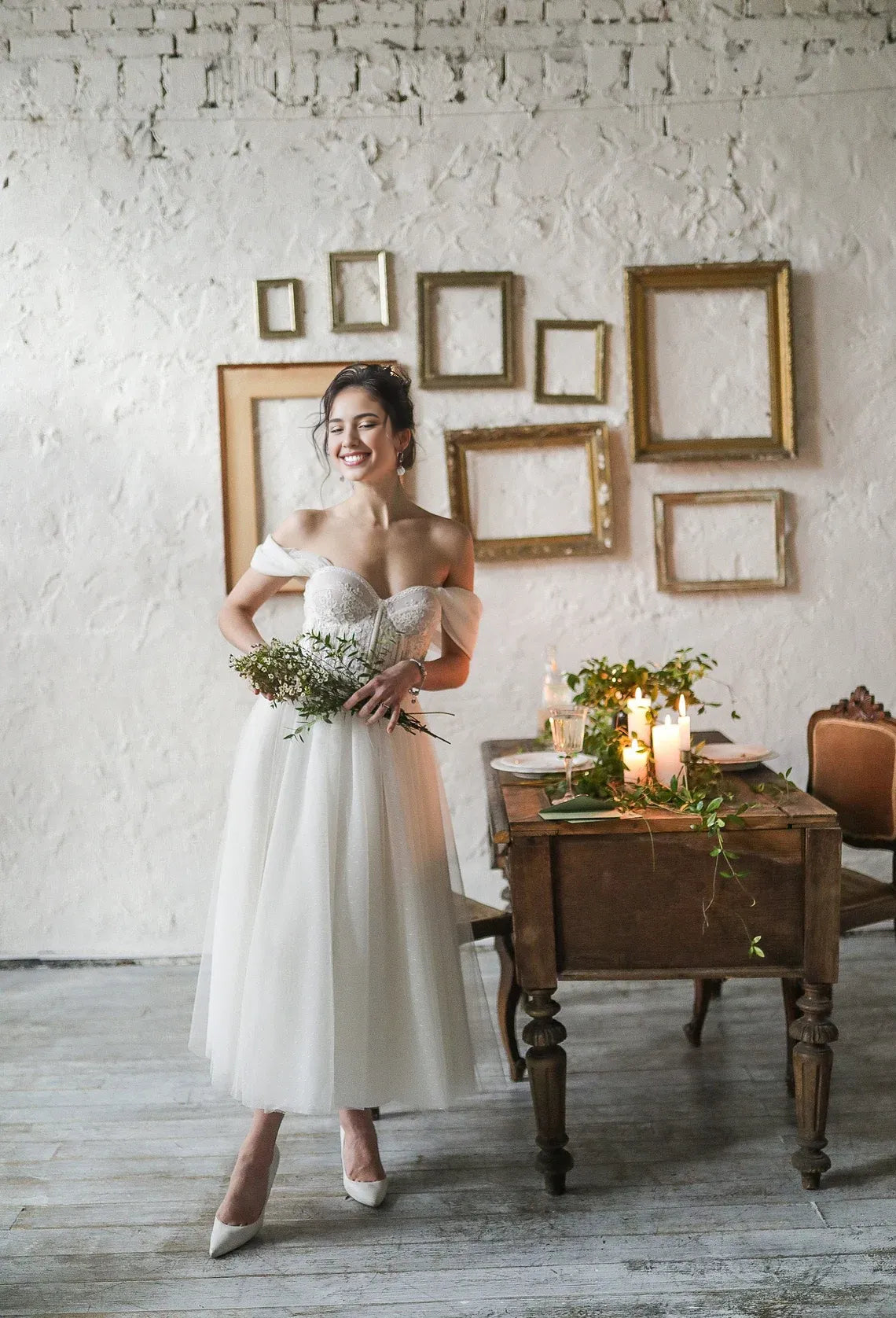 A-line Tulle Rustic Wedding Dress Embroidered Corset Dress Lace Cocktail Midi Gown Off Shoulder Bridal Dress