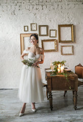 A-line Tulle Rustic Wedding Dress Embroidered Corset Dress Lace Cocktail Midi Gown Off Shoulder Bridal Dress