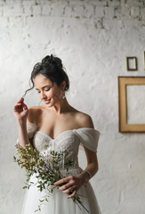 A-line Tulle Rustic Wedding Dress Embroidered Corset Dress Lace Cocktail Midi Gown Off Shoulder Bridal Dress