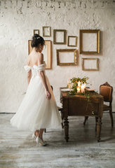 A-line Tulle Rustic Wedding Dress Embroidered Corset Dress Lace Cocktail Midi Gown Off Shoulder Bridal Dress