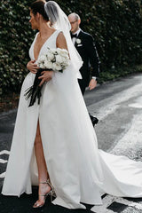 Simple Ivory Satin A-line V-Neck Wedding Dresses with Pockets