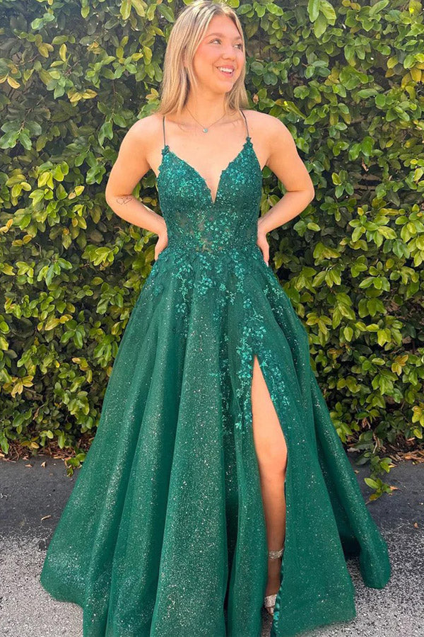 A-line V-neck Lace Appliques Dark Green Long Prom Dress TP1358