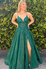 A-line V-neck Lace Appliques Dark Green Long Prom Dress TP1358