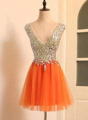 A-line V-neckline Short Tulle Beaded Homecoming Dress, Orange Tulle Short Party Dress