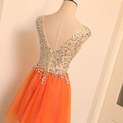 A-line V-neckline Short Tulle Beaded Homecoming Dress, Orange Tulle Short Party Dress