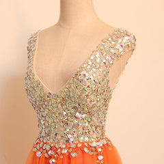 A-line V-neckline Short Tulle Beaded Homecoming Dress, Orange Tulle Short Party Dress