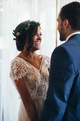 A-line V Neck Beaded Wedding Dress With Sleeves Rustic Wedding Gowns TN353