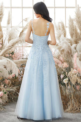 A-line V Neck Sky Blue Lace Prom Dress Lavender Formal Dress TP1167