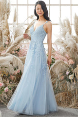 A-line V Neck Sky Blue Lace Prom Dress Lavender Formal Dress TP1167