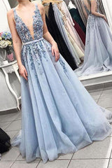 A-line V neck Sky Blue Long Prom Dress Court Train Formal Dress TP1064