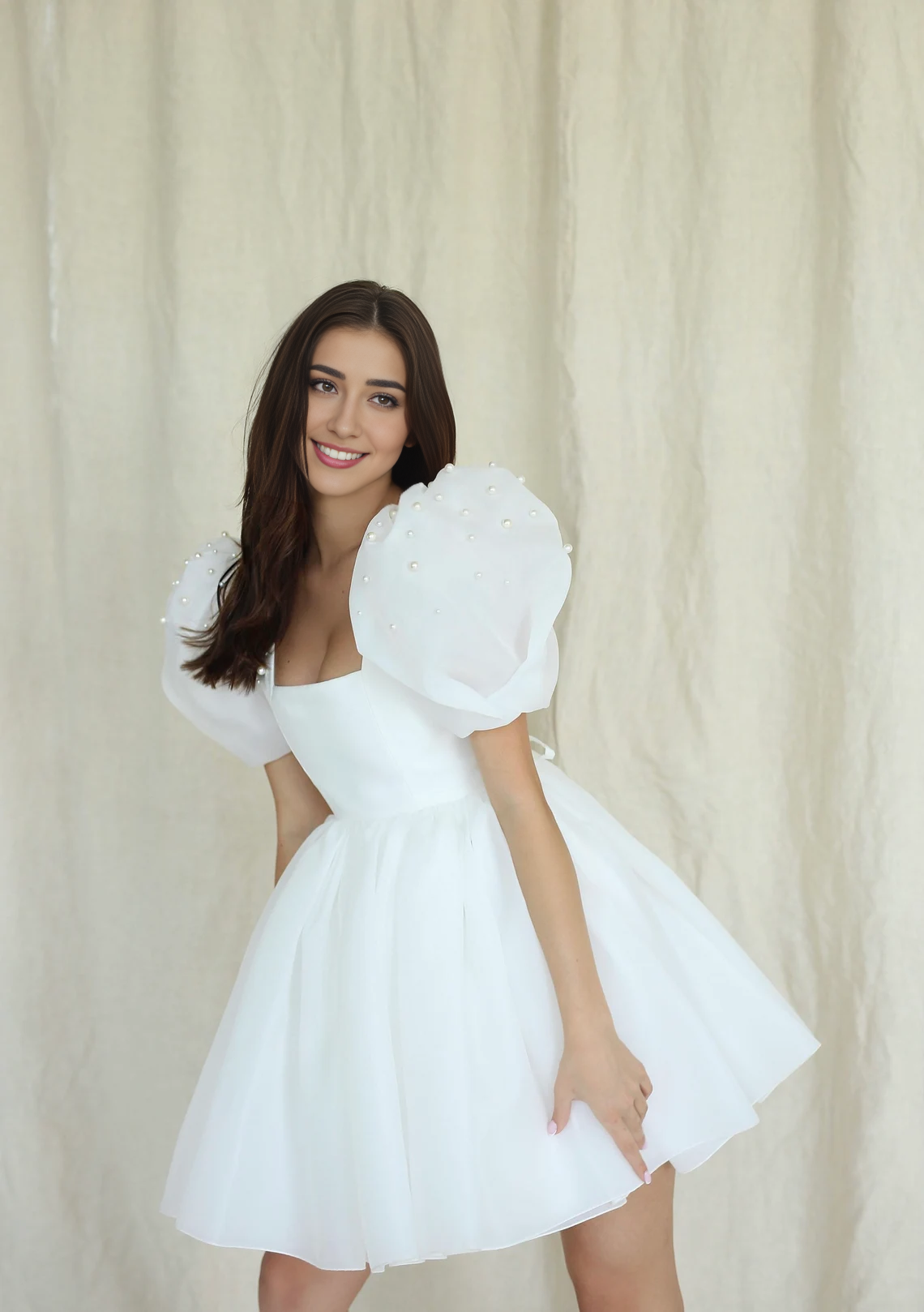 A-line Square Neck Short Wedding Dress Mini Wedding Dress Puff Sleeves Dress Rehearsal Bridal Dress