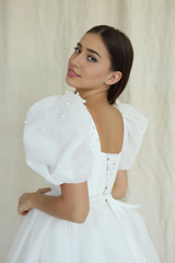 A-line Square Neck Short Wedding Dress Mini Wedding Dress Puff Sleeves Dress Rehearsal Bridal Dress