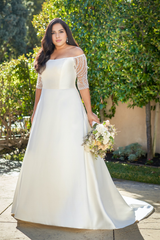 A-line off shoulder collar short sleeved backless and floor length wedding dress