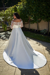 A-line off shoulder collar short sleeved backless and floor length wedding dress