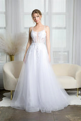 Embroidered floral decal long sleeveless transparent tight corset wedding dress