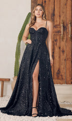 Long Black Sequin Prom Dress with Corset A1241