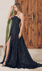 Long Black Sequin Prom Dress with Corset A1241
