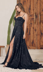 Long Black Sequin Prom Dress with Corset A1241