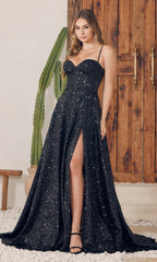 Long Black Sequin Prom Dress with Corset A1241