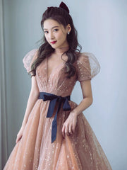 Champagne v neck tulle long prom dress, champagne A line evening dress