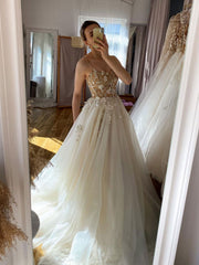 Champagne tulle lace long prom dress, A line evening dress