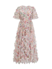 V-neck Tea Length Floral Printed Tulle Ruffled Prom Dresses