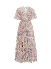 V-neck Tea Length Floral Printed Tulle Ruffled Prom Dresses