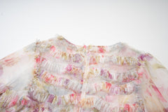 V-neck Tea Length Floral Printed Tulle Ruffled Prom Dresses