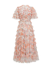 V-neck Short Sleeves Floral Printed Tulle Ruffled Prom Dresses
