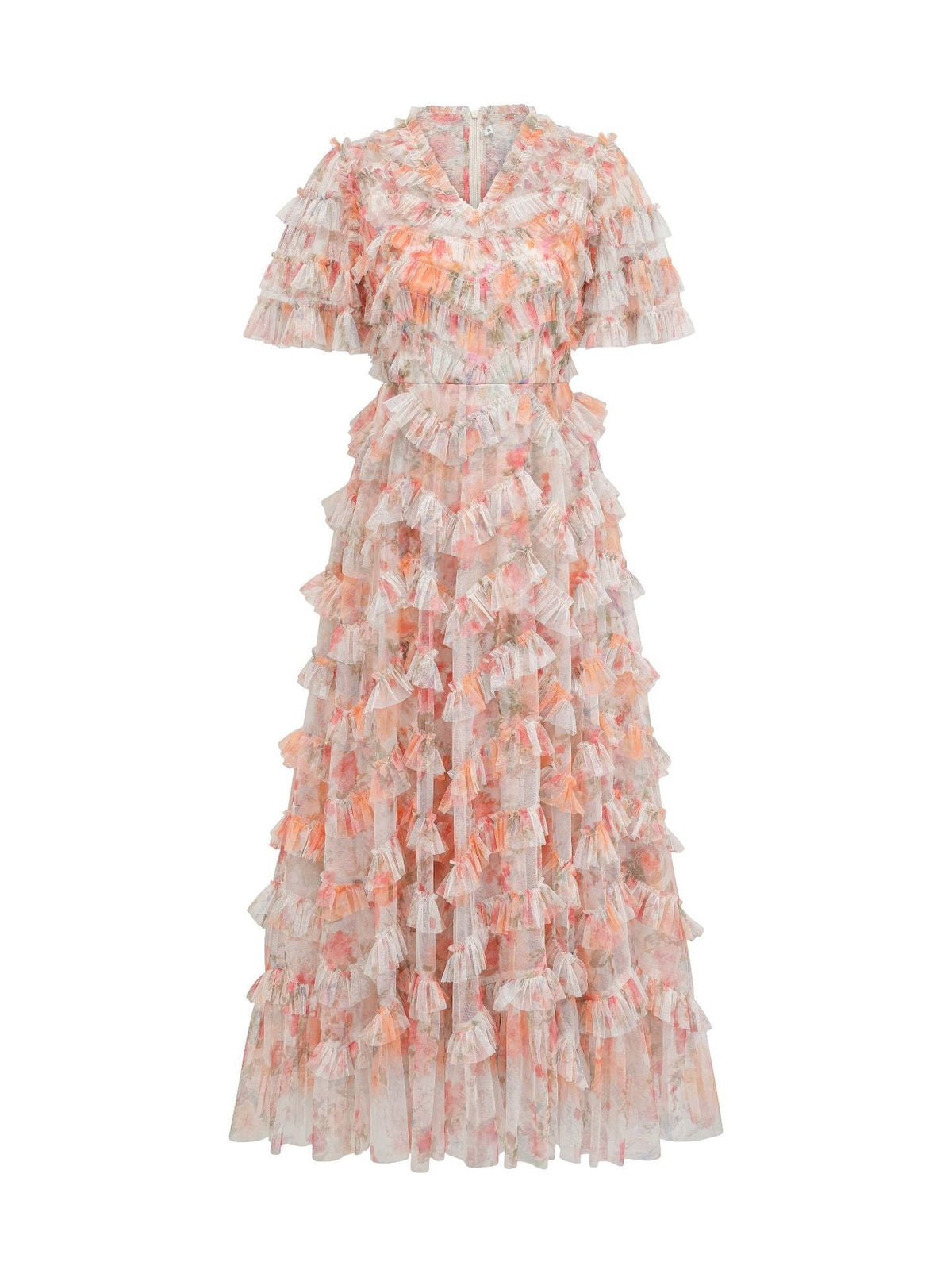 V-neck Short Sleeves Floral Printed Tulle Ruffled Prom Dresses
