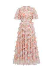 V-neck Short Sleeves Floral Printed Tulle Ruffled Prom Dresses
