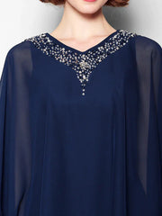 Mother of the Bride Dress V Neck Tea Length Chiffon 3/4 Length Sleeve with Crystals Beading