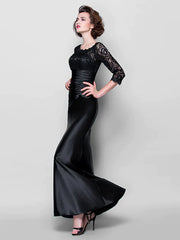 Mother of the Bride Dress See Through Jewel Neck Floor Length Stretch Satin Lace Over Satin Length Sleeve with Lace Ruched Side Draping