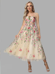 Cicinia Tea Length Strapless Zipper Long Sleeves Prom Dresses