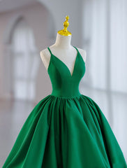V Neck Satin Green Prom Dress, Green Formal Evening Dresses