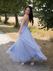 Blue A line tulle lace long prom dress blue bridesmaid dress