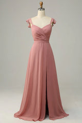 Dusty Rose A-line ruffled slit long bridesmaid dress