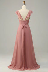 Dusty Rose A Line Ruffles Long Chiffon Bridesmaid Dress With Slit