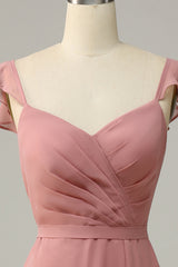 Dusty Rose A Line Ruffles Long Bridesmaid Dress With Slit