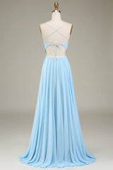 A-line thin shoulder strap sky blue chiffon long bridesmaid dress