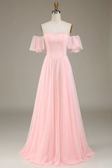 Pink A-line Off Shoulder Chiffon Long Bridesmaid Dress