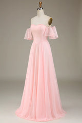 Blush Pink A-Line Off the Shoulder Chiffon Long Bridesmaid Dress