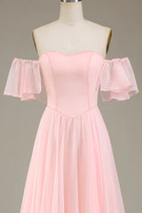 Blush Pink A-Line Off the Shoulder Chiffon Long Bridesmaid Dress