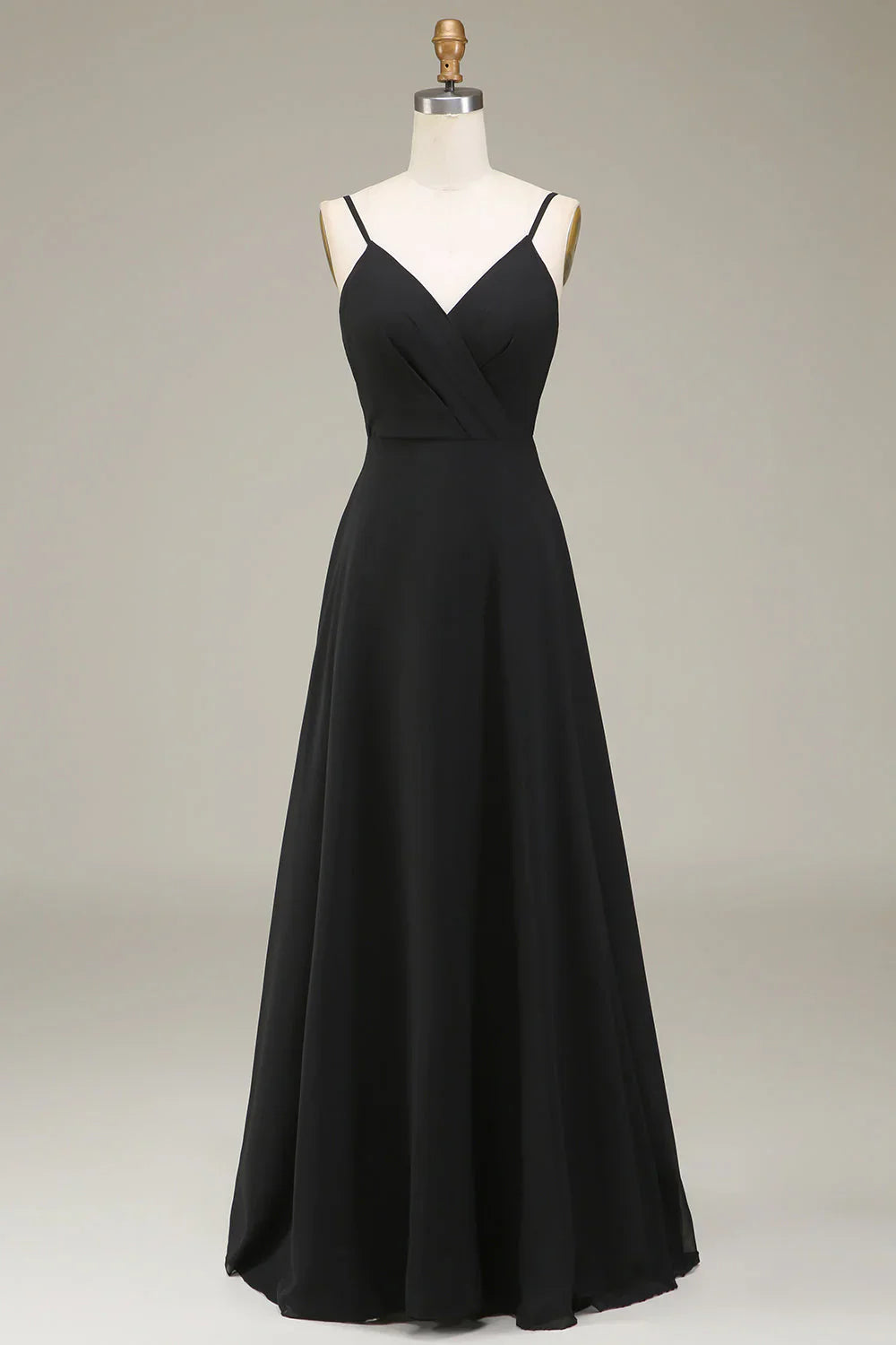 A-line thin shoulder strap black chiffon long bridesmaid dress